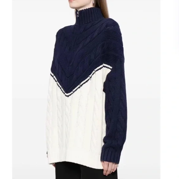STAUD Hampton Half Zip Cable Knit Long Sweater Knit - Navy/Ivory Casual Two Tone - Picture 3 of 10